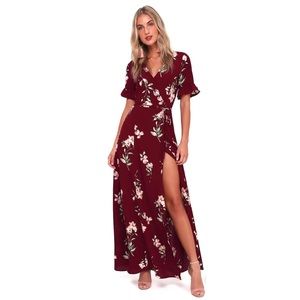 NWOT Lulus Burgundy Floral Print Wrap Maxi Dress